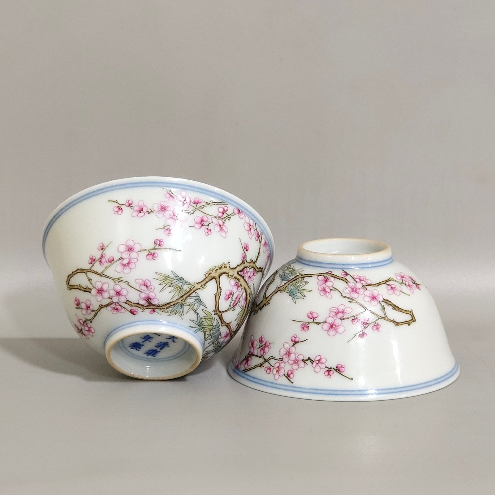 Qing Dynasty Yongzheng plum and bamboo double clear painted poem cup
