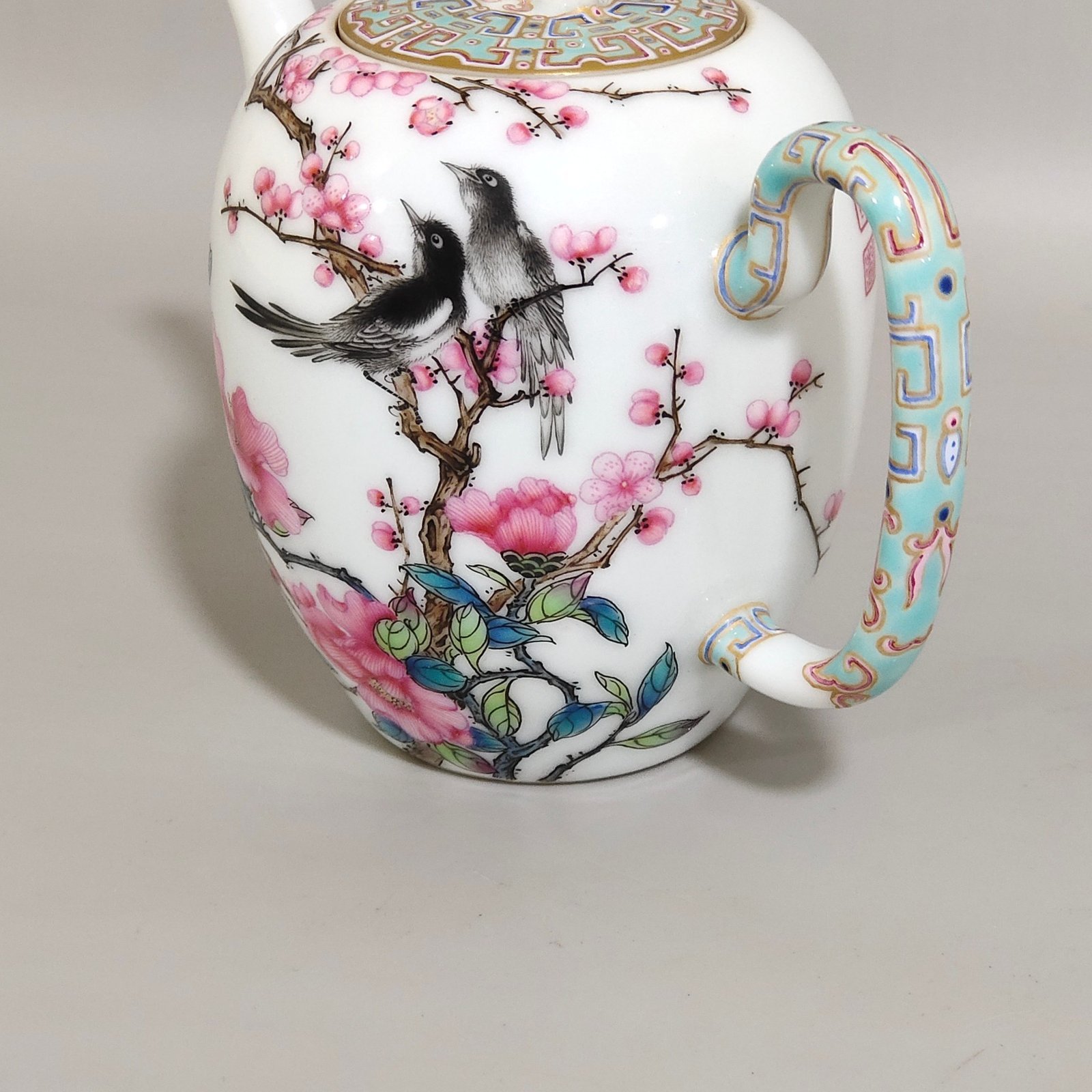 Qing Dynasty Yongzheng enamel green teapot with poems on flowers and birds