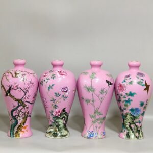 Qing Dynasty Yongzheng rouge pink plum vase with four seasons flowers and birds inscribed with poem
