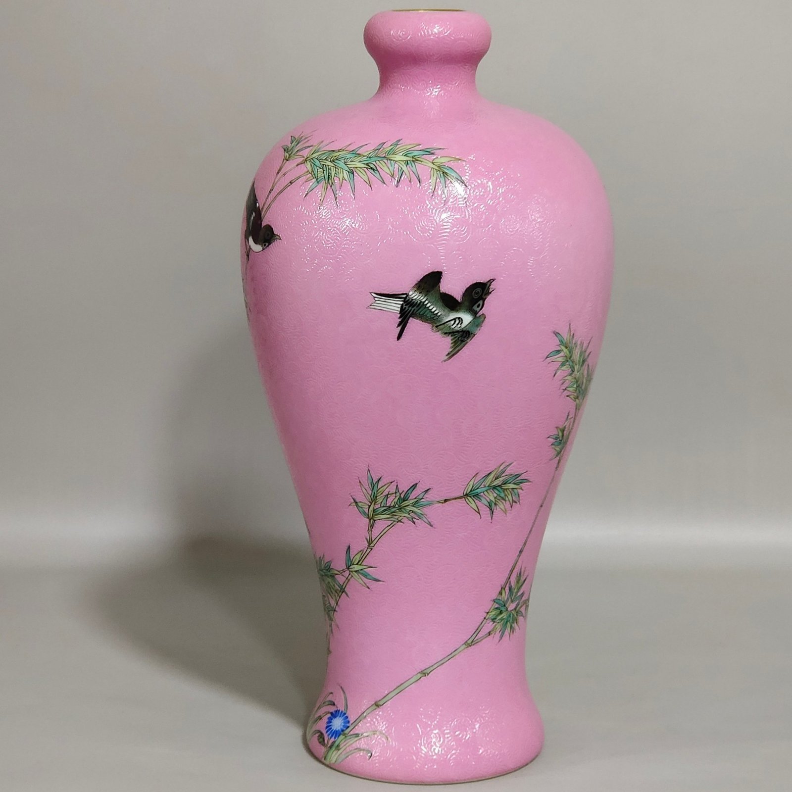 Qing Dynasty Yongzheng rouge pink plum vase with four seasons flowers and birds inscribed with poem