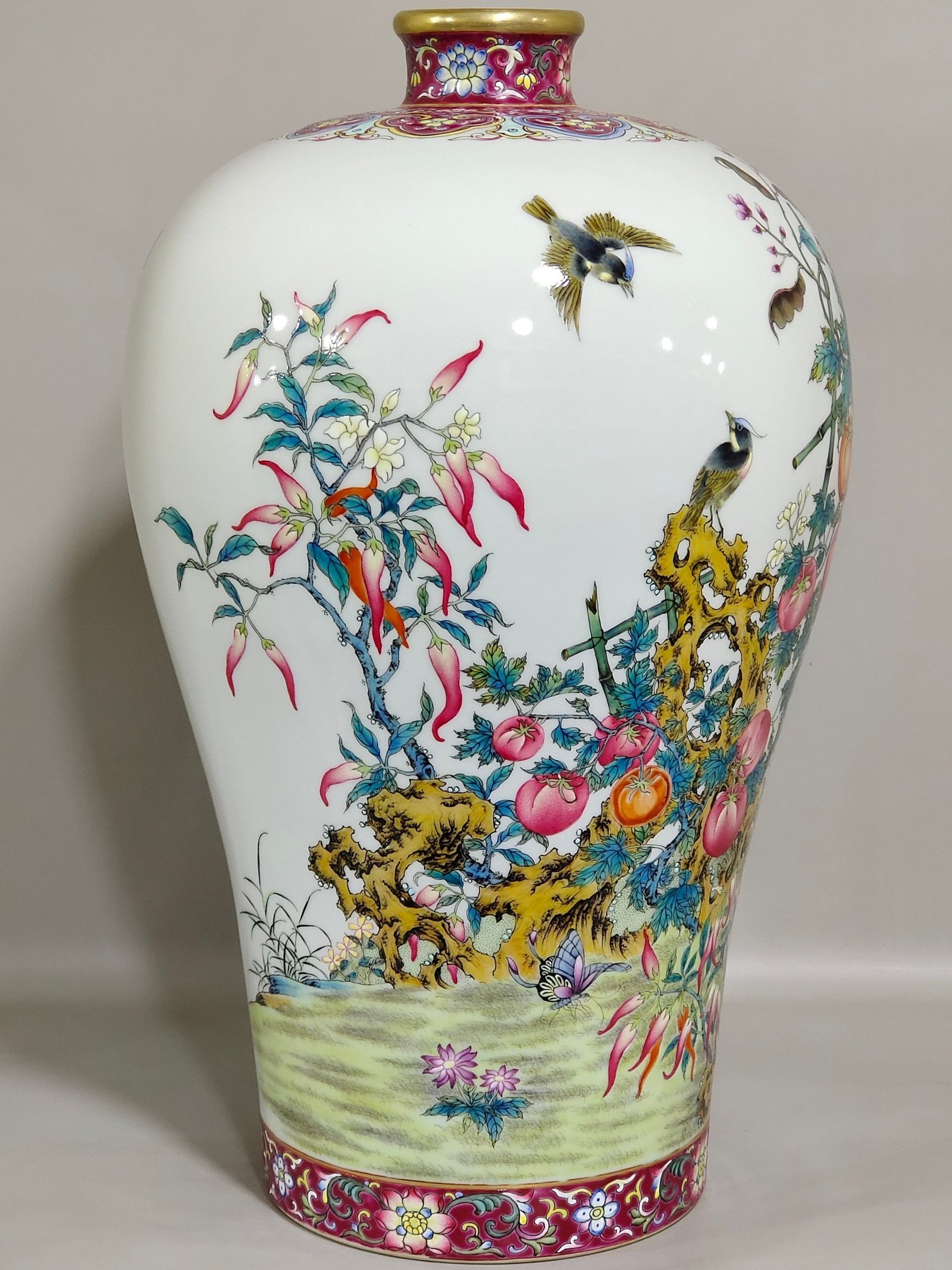 Qing Dynasty Yongzheng rouge red plum vase with poems on flowers birds