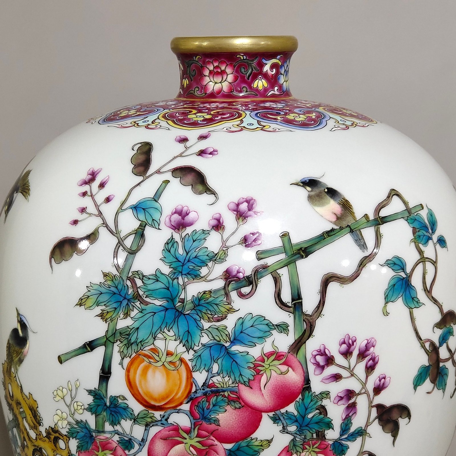 Qing Dynasty Yongzheng rouge red plum vase with poems on flowers birds