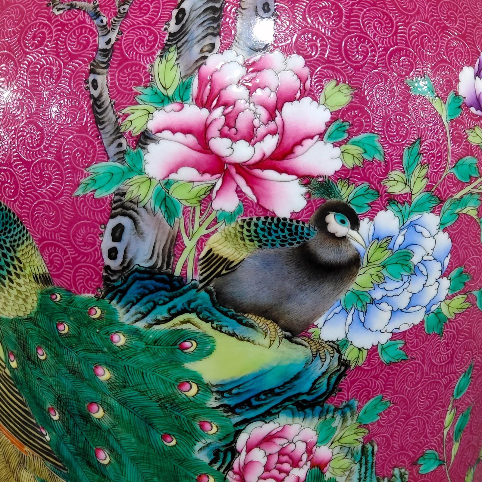 Qing Dynasty Yongzheng rouge red flowered peacock plum vase