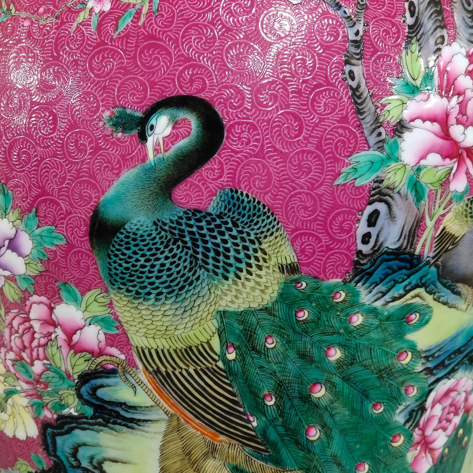 Qing Dynasty Yongzheng rouge red flowered peacock plum vase