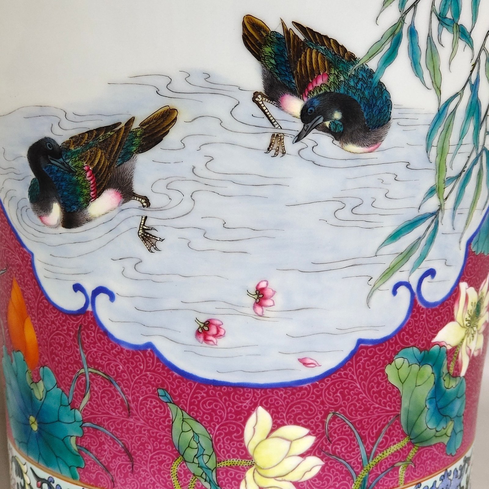 Qing Dynasty Yongzheng rouge red rolling lotus window mandarin ducks playing in the water plum vase