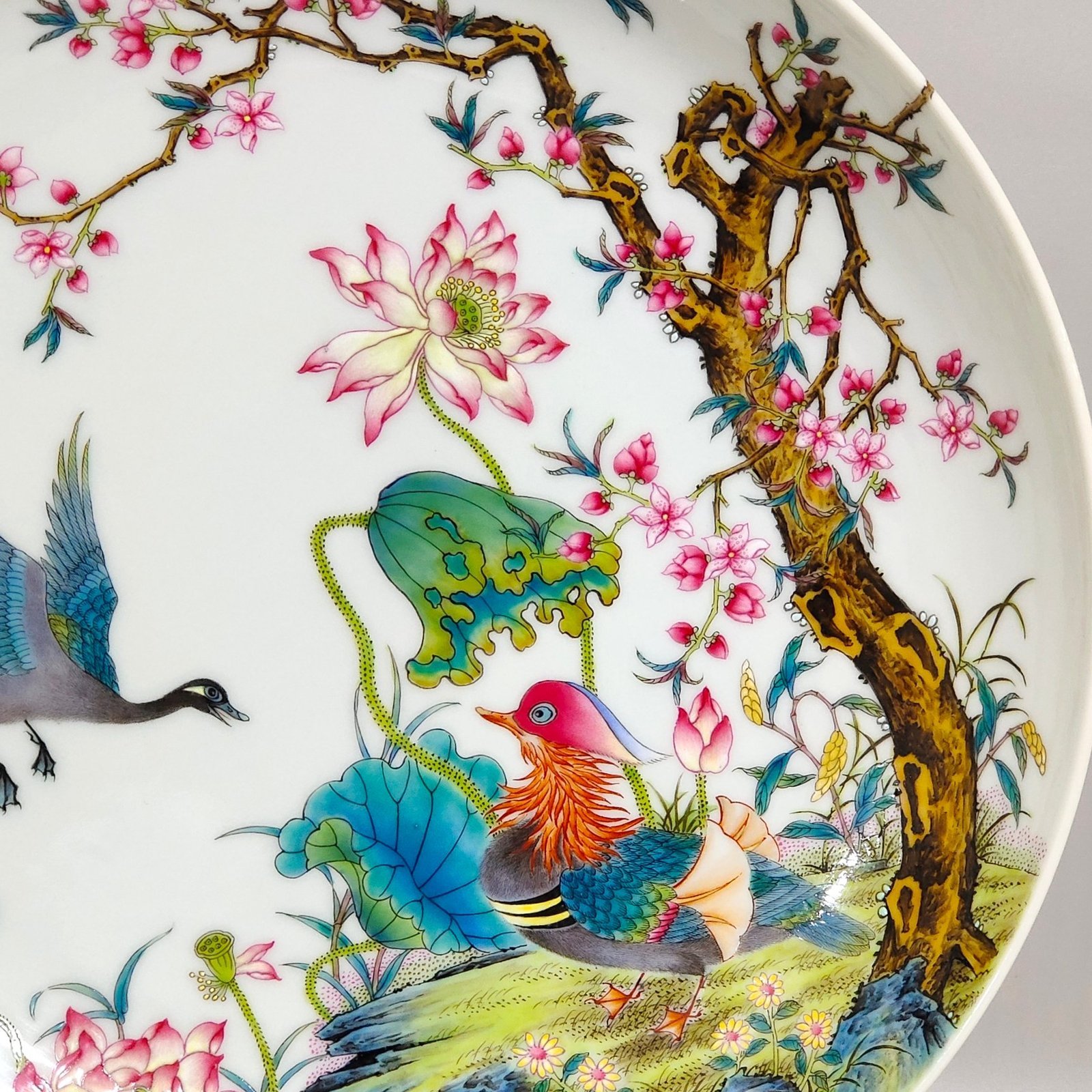 Qing Dynasty Yongzheng Lotus and mandarin duck on a branch plate