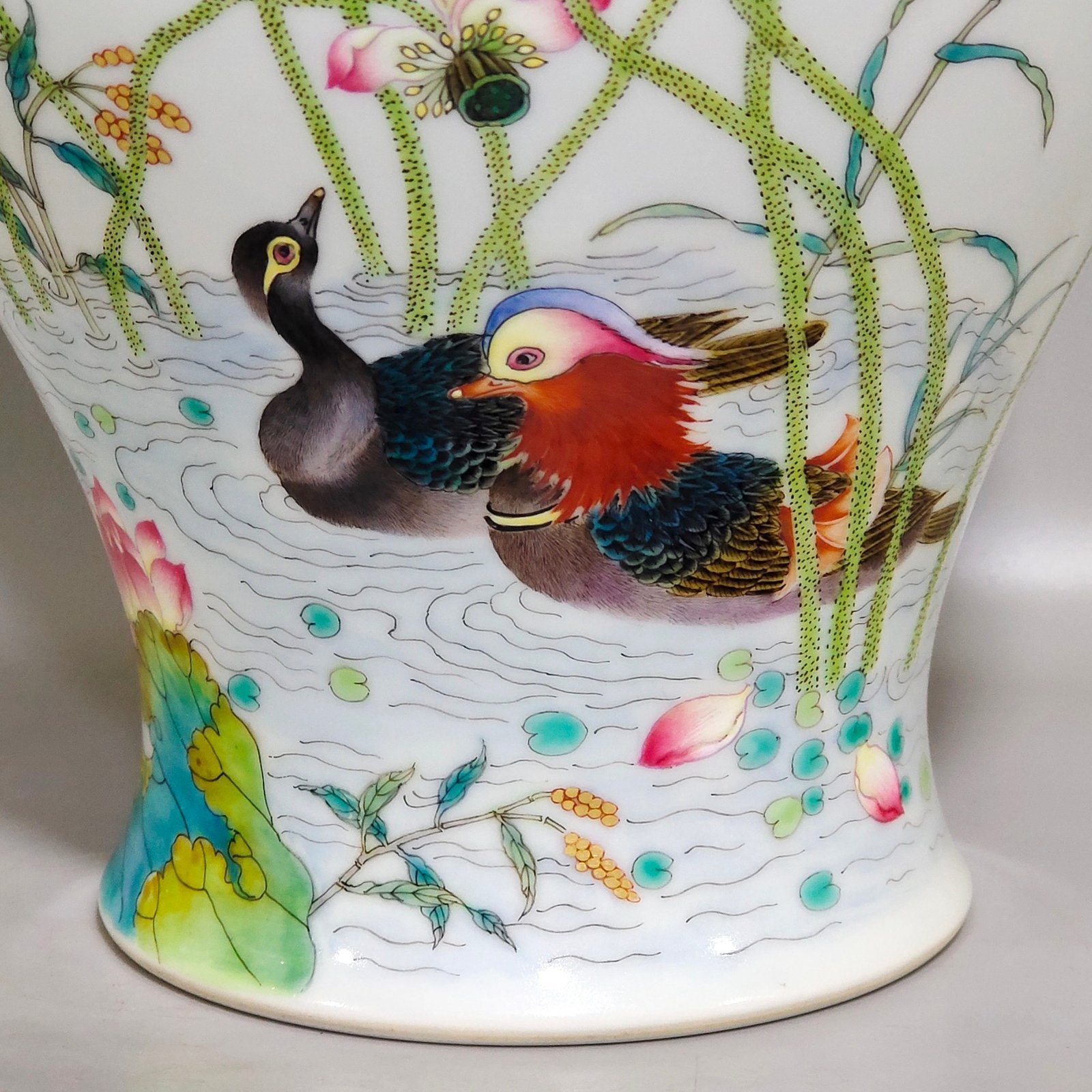 Qing Dynasty Yongzheng mandarin ducks playing in the water and lotus poems on the vase