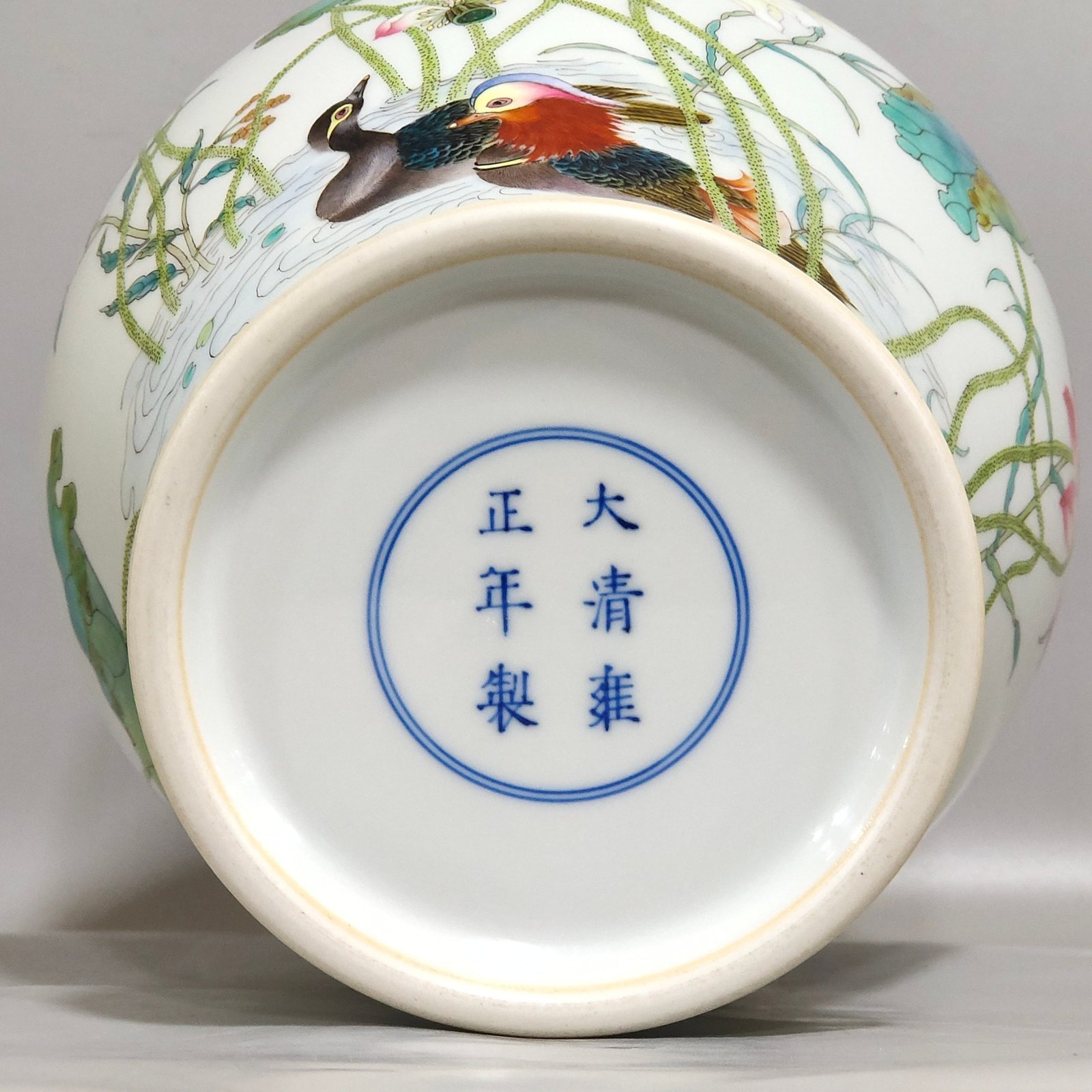 Qing Dynasty Yongzheng mandarin ducks playing in the water and lotus poems on the vase