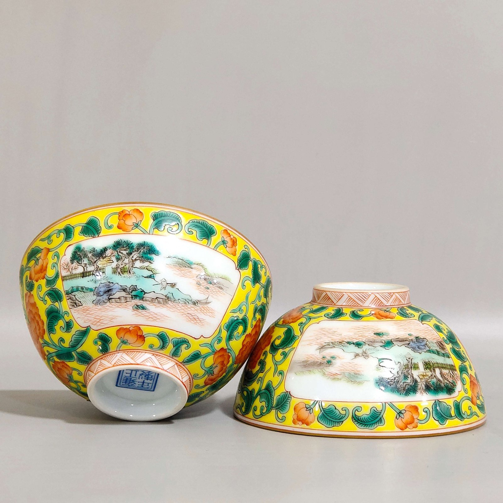 Qing Dynasty Yongzheng yellow ground window landscape cup