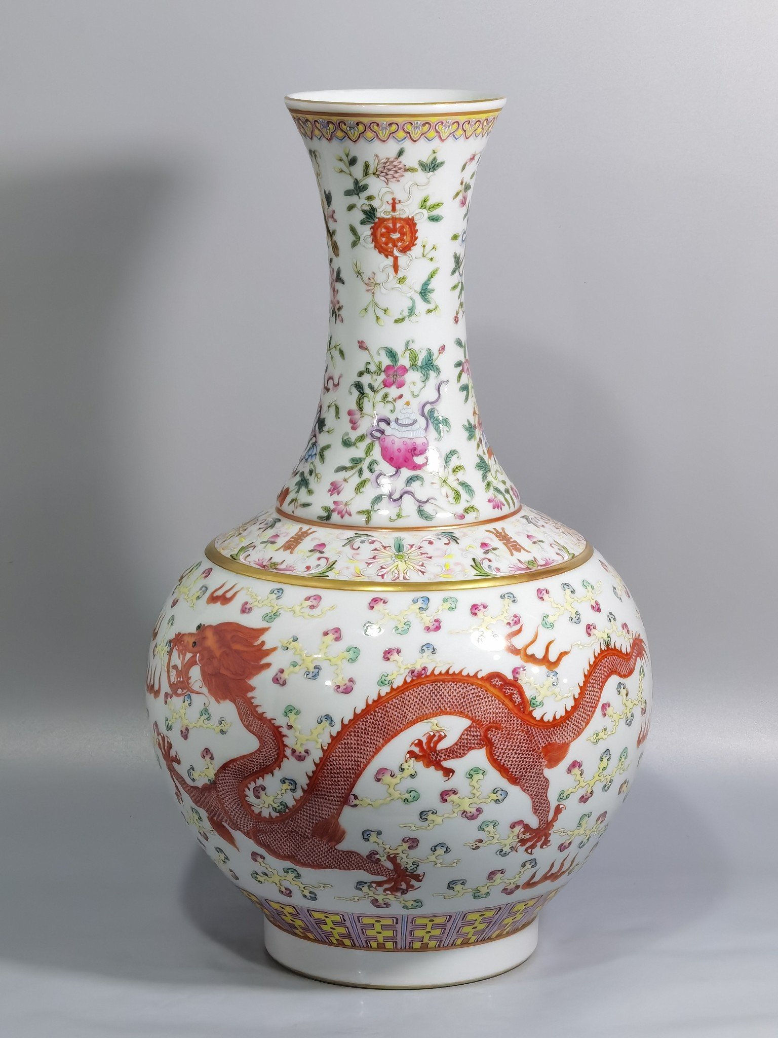 Qing Dynasty Guangxu famille rose vase with eight treasures dragons and phoenixes in auspicious patterns