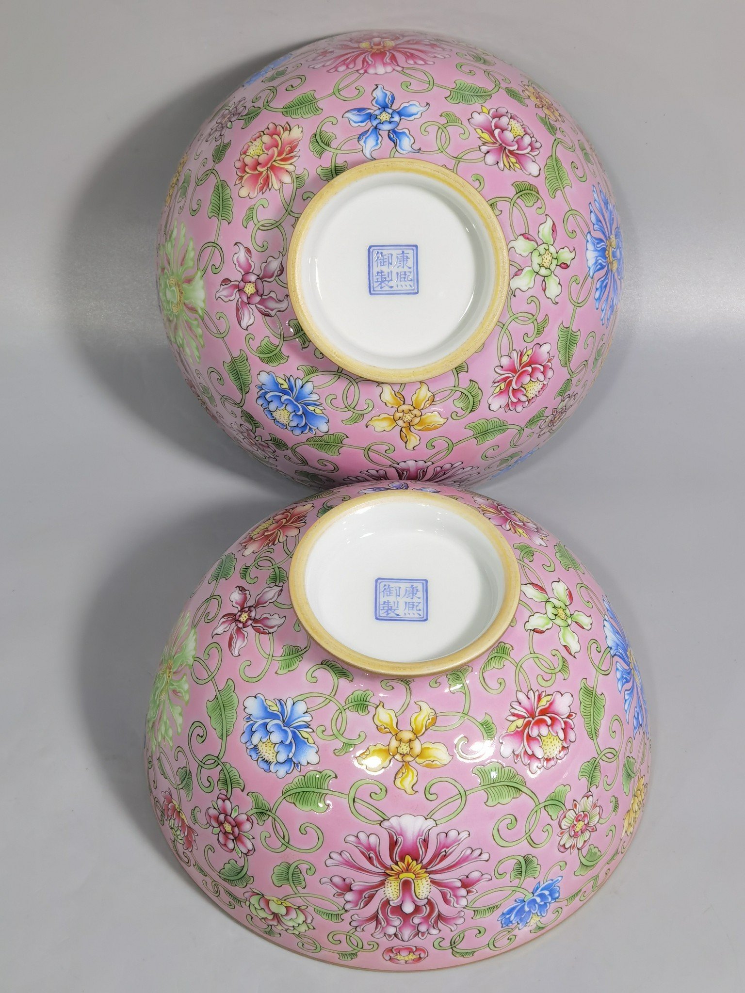 Qing Dynasty Kangxi enamel pink ground bowl with wrapped branches