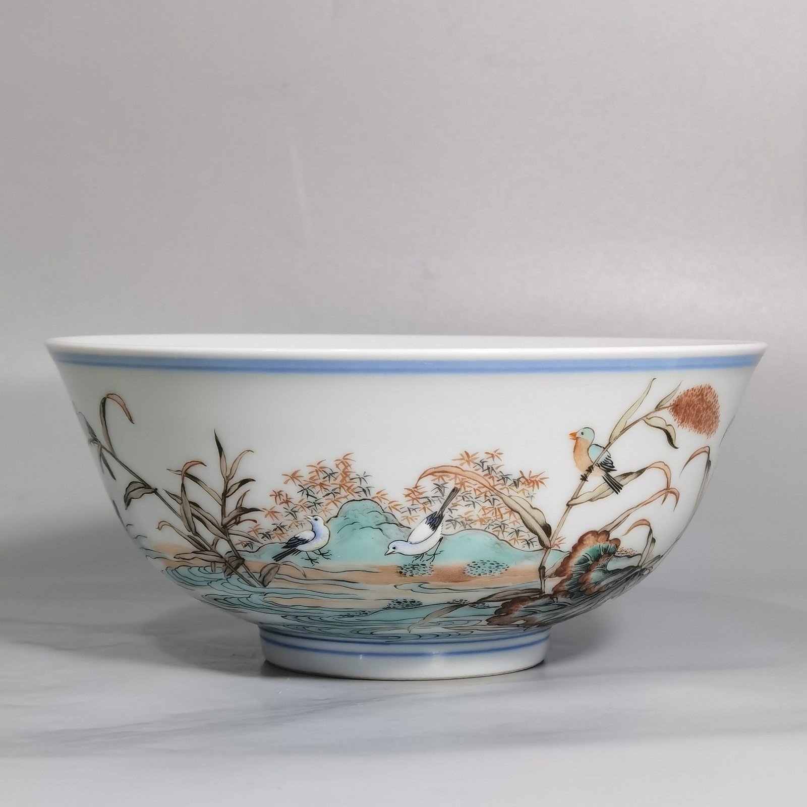 Qing Dynasty Kangxi colorful mandarin duck lotus kingfisher bowl