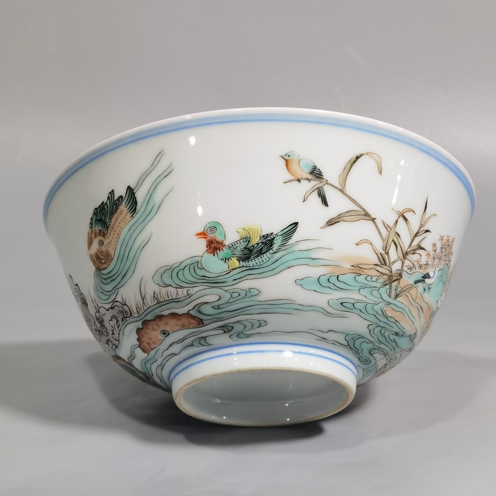 Qing Dynasty Kangxi colorful mandarin duck lotus kingfisher bowl