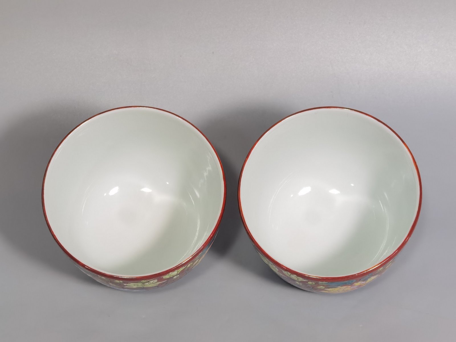 Qing Dynasty Yongzheng a pair of coral red pastel peony flower cups