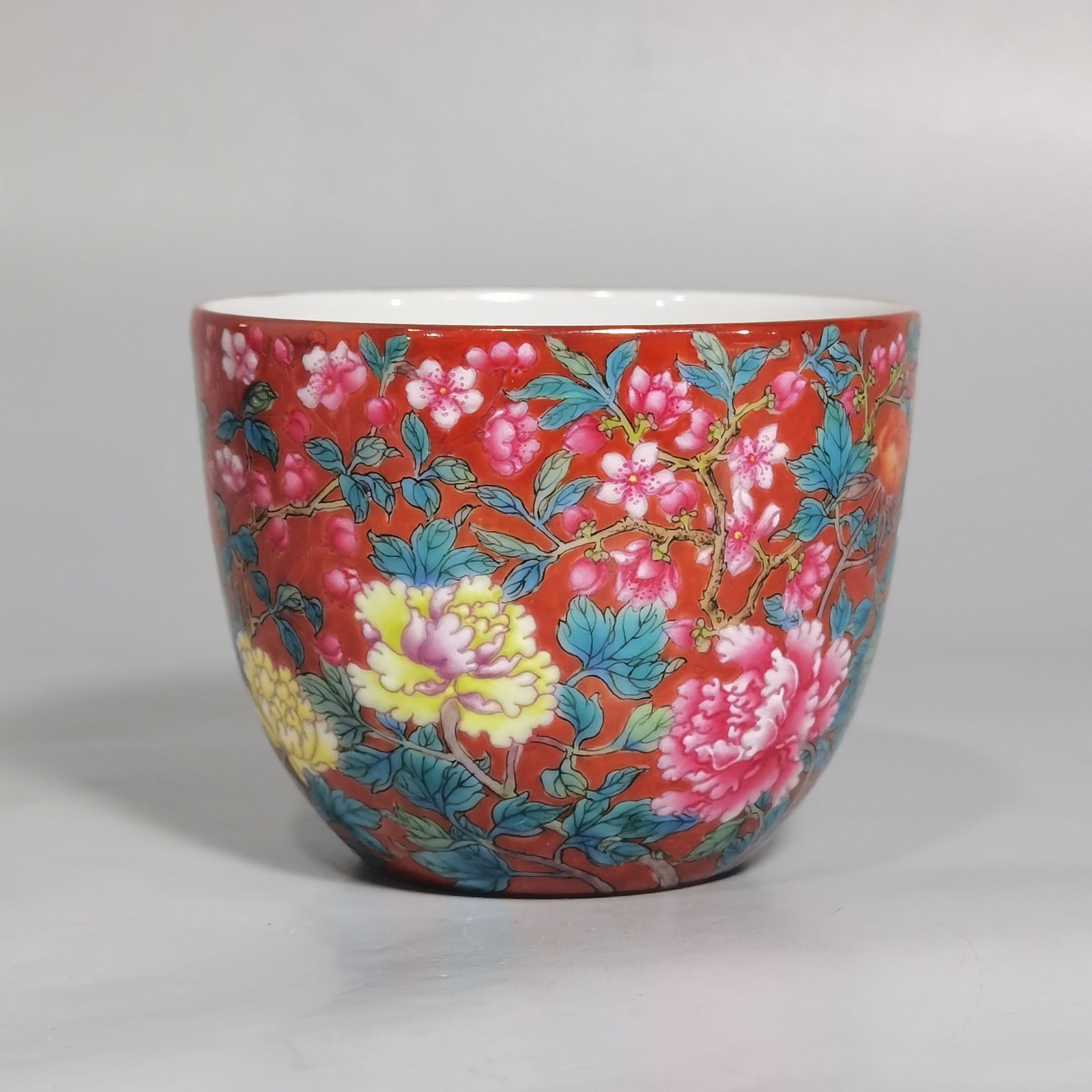 Qing Dynasty Yongzheng a pair of coral red pastel peony flower cups