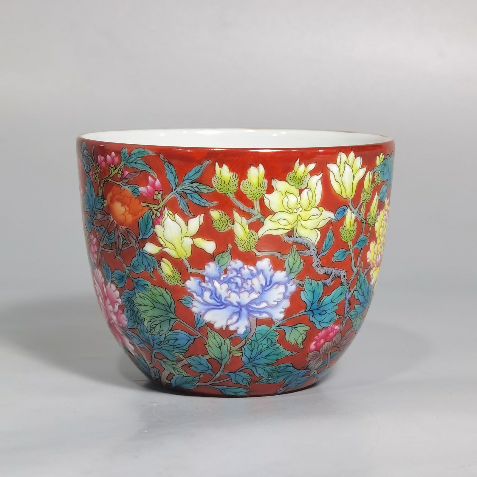 Qing Dynasty Yongzheng a pair of coral red pastel peony flower cups