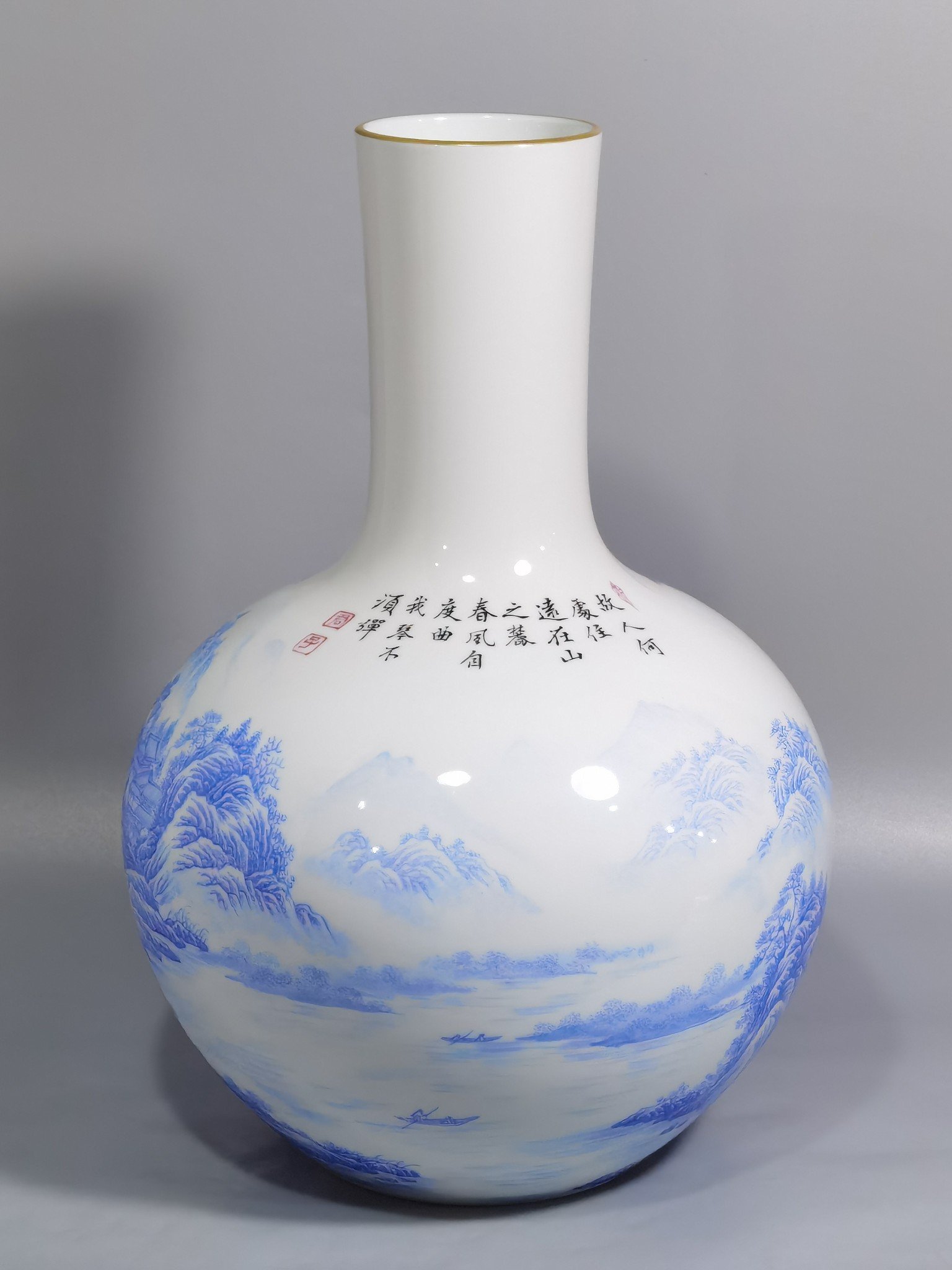 Qing Dynasty Yongzheng enamel blue material landscape figure celestial vase