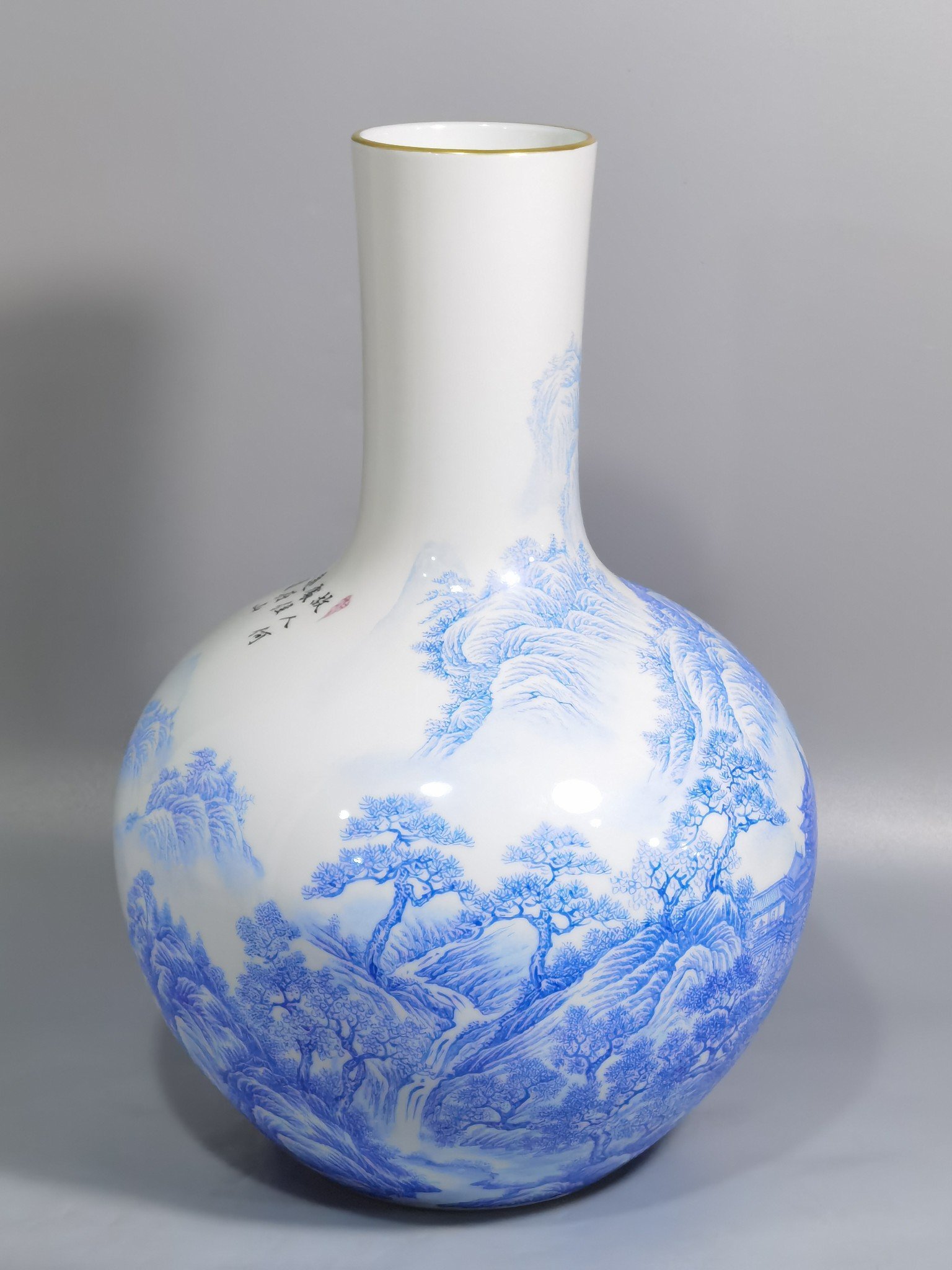 Qing Dynasty Yongzheng enamel blue material landscape figure celestial vase