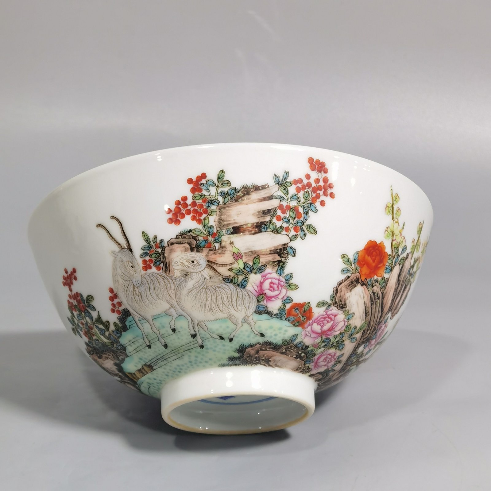 Qing Dynasty Yongzheng famille rose kaitai bowl with three sheep