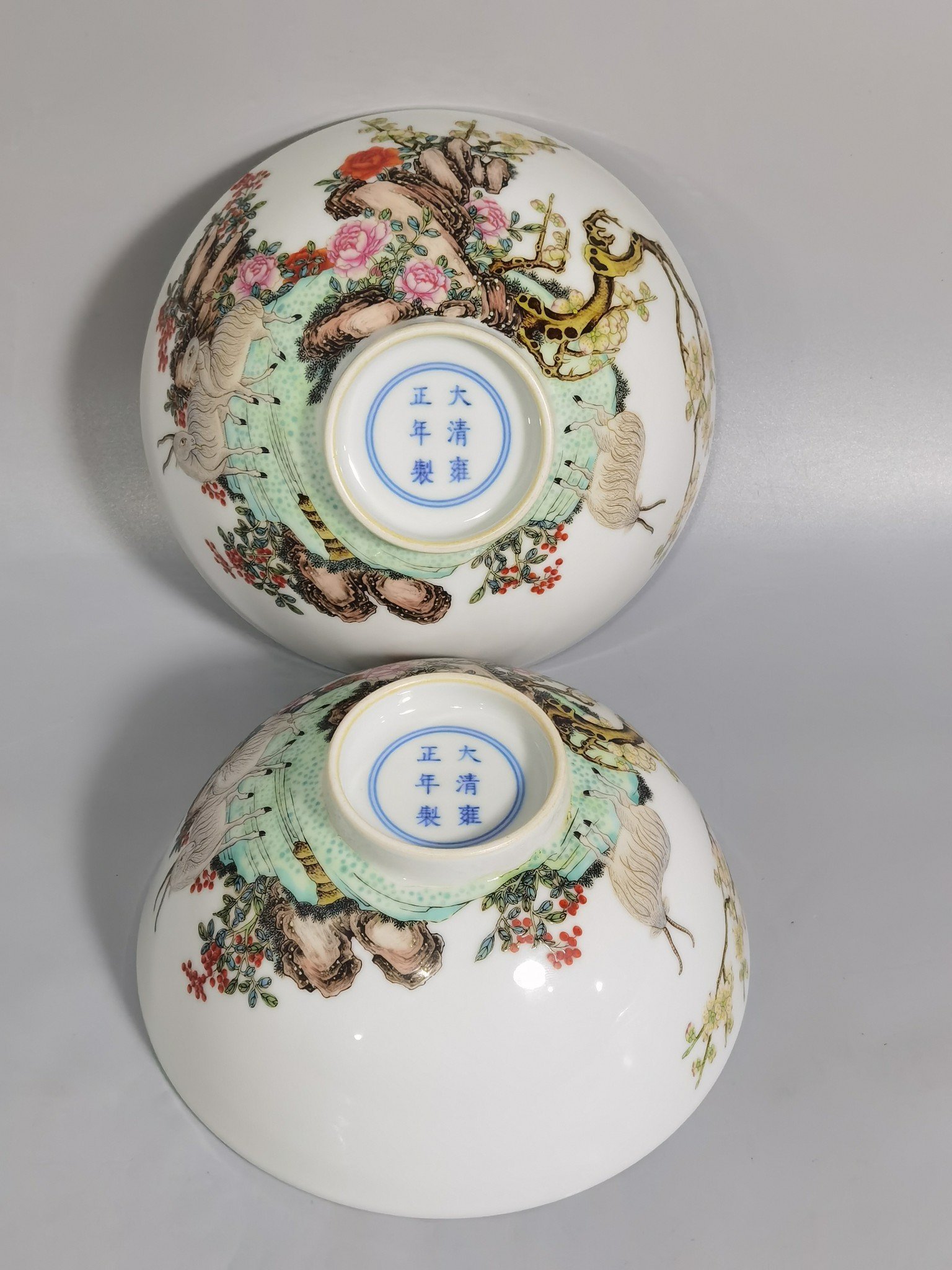 Qing Dynasty Yongzheng famille rose kaitai bowl with three sheep