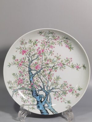 Qing Dynasty Yongzheng pastel peach blossom poem appreciation plate