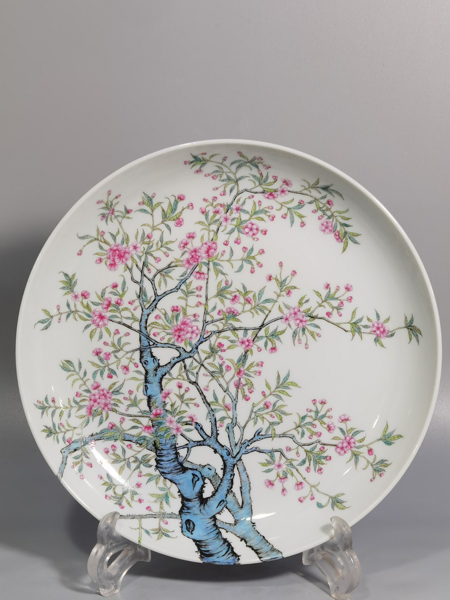 Qing Dynasty Yongzheng pastel peach blossom poem appreciation plate