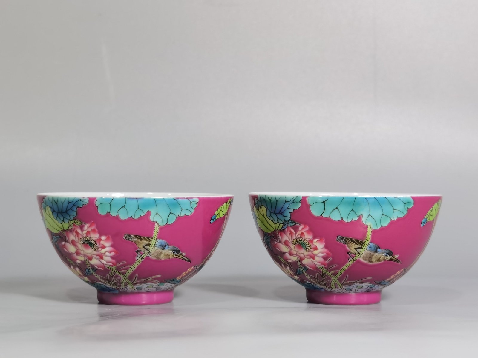 Qing Dynasty Yongzheng rouge ground pastel lotus and kingfisher poem cup