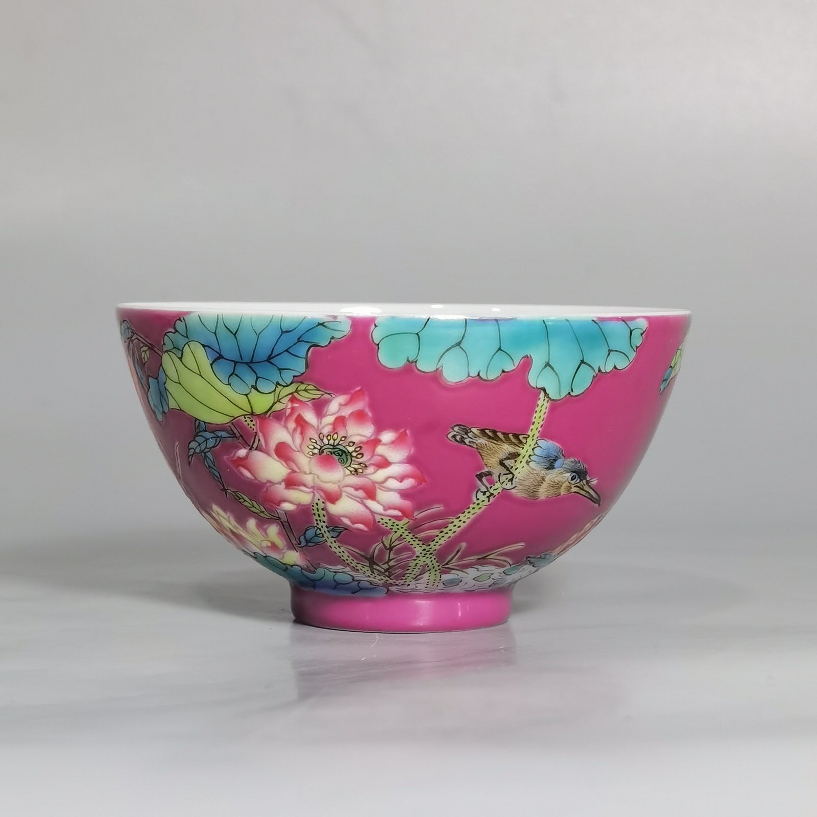 Qing Dynasty Yongzheng rouge ground pastel lotus and kingfisher poem cup