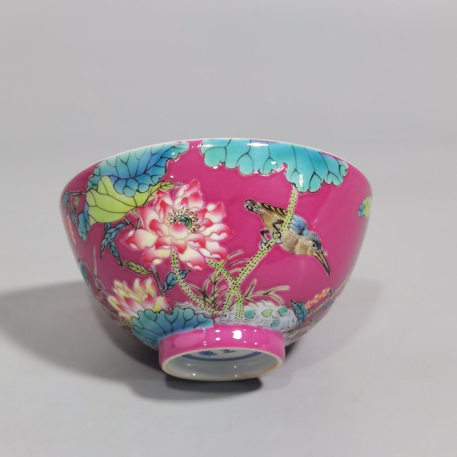Qing Dynasty Yongzheng rouge ground pastel lotus and kingfisher poem cup