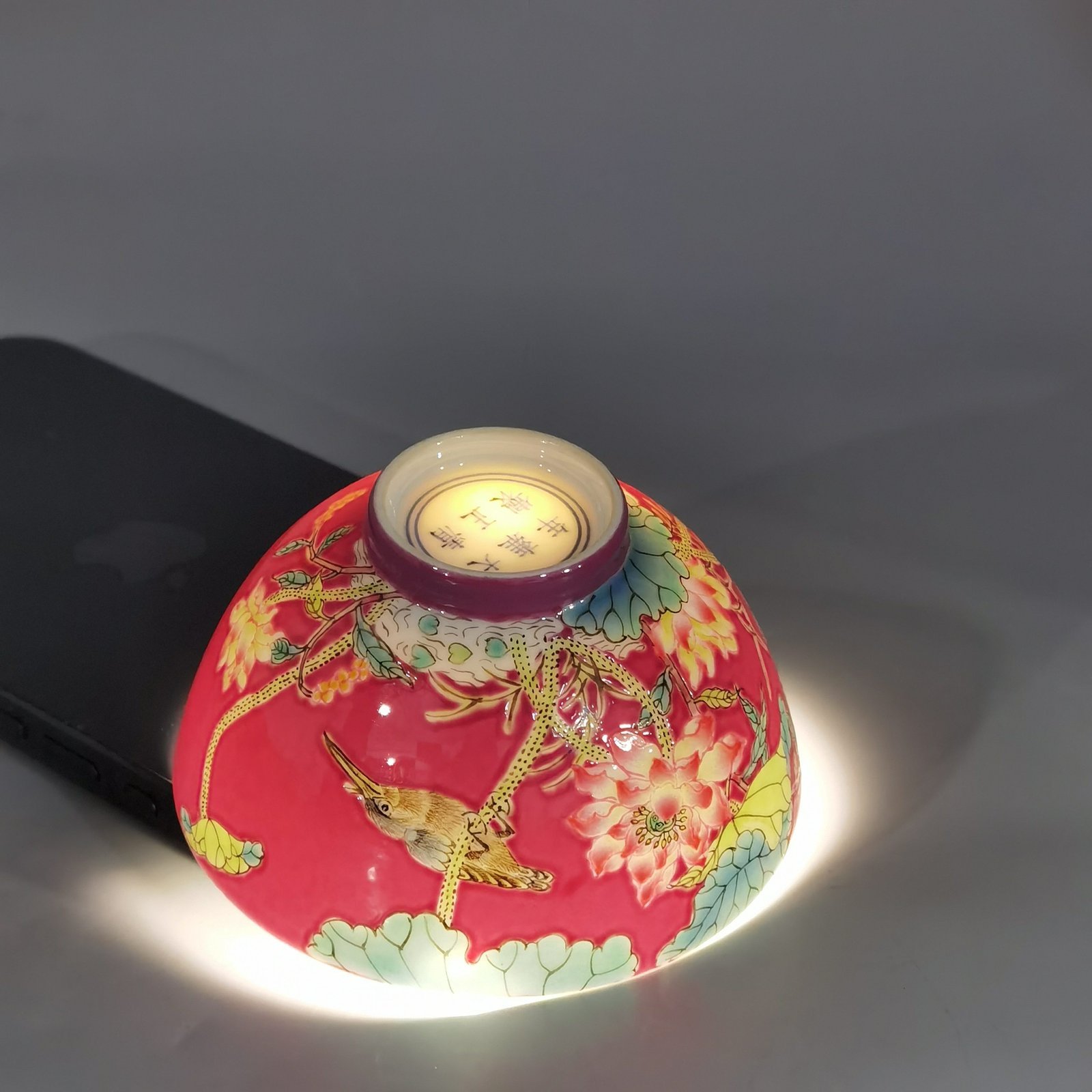 Qing Dynasty Yongzheng rouge ground pastel lotus and kingfisher poem cup