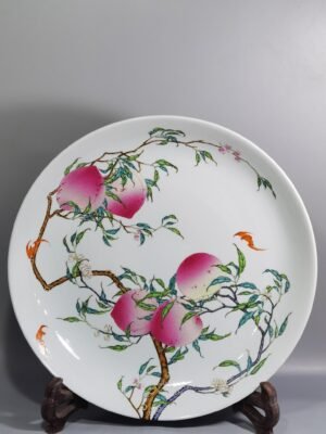 Qing Dynasty Yongzheng large pastel famille rose platter with eight peaches and five bats