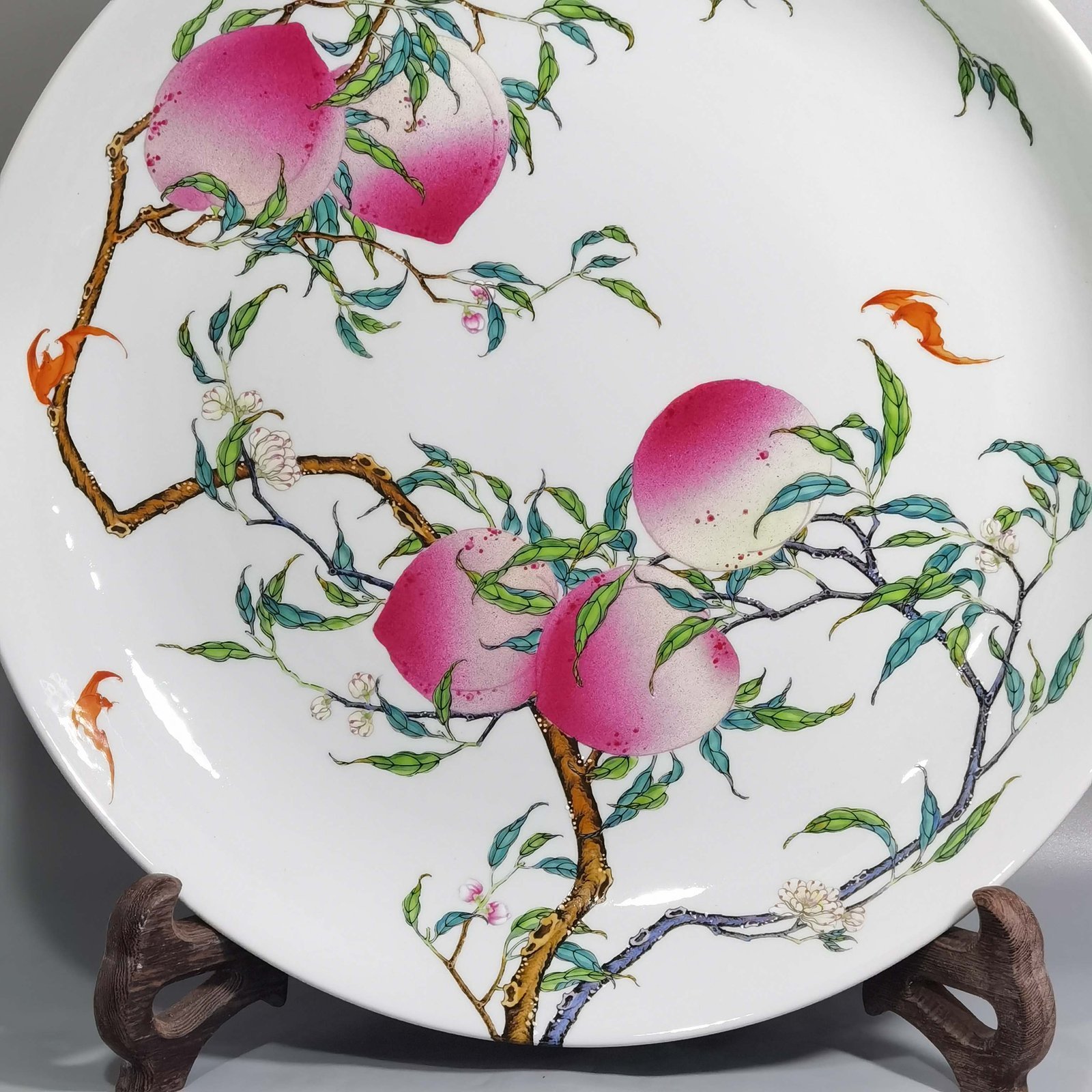 Qing Dynasty Yongzheng large pastel famille rose platter with eight peaches and five bats
