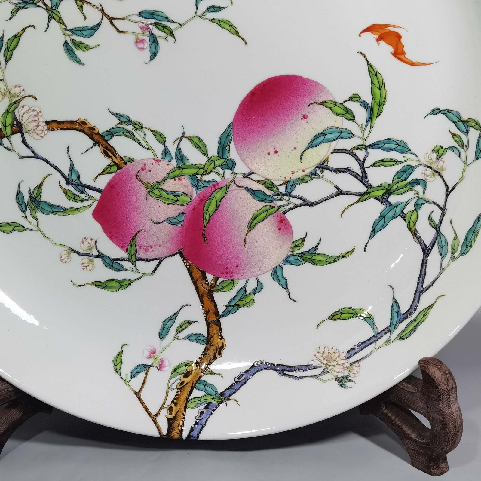 Qing Dynasty Yongzheng large pastel famille rose platter with eight peaches and five bats