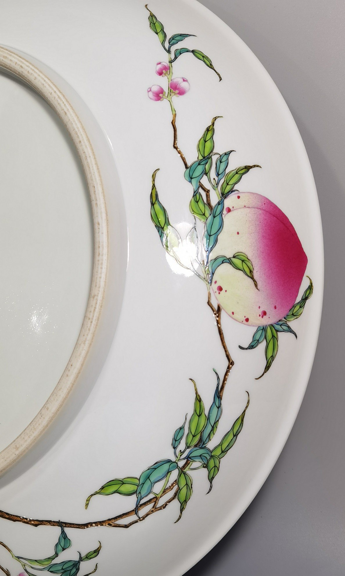 Qing Dynasty Yongzheng large pastel famille rose platter with eight peaches and five bats