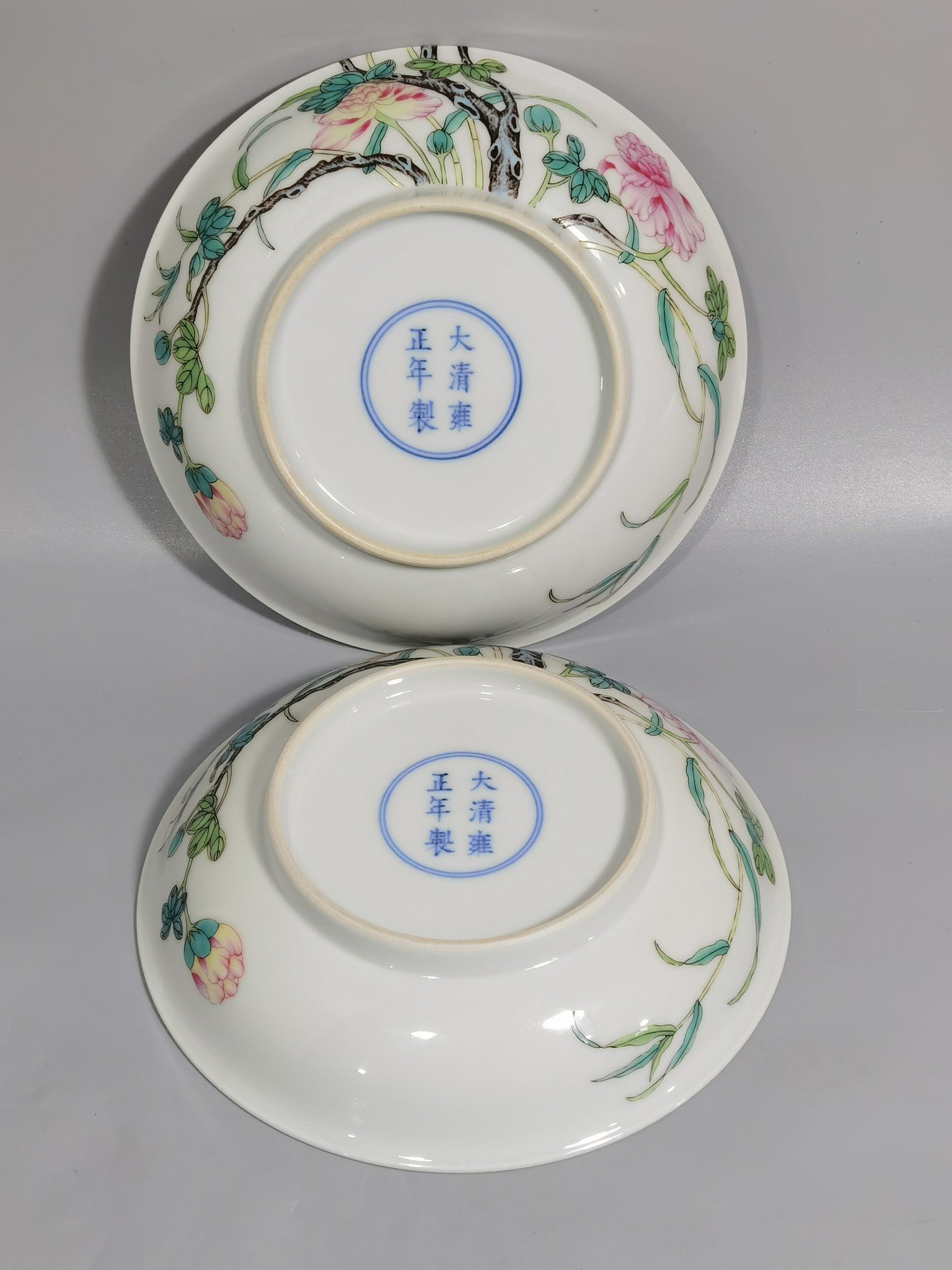 Qing Dynasty Yongzheng pair of pastel hibiscus flower and dragonfly plates