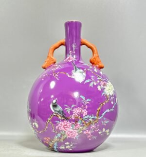 Qing Dynasty Yongzheng Enamel eggplant skin and purple glaze flower and bird poetry double-eared moon vase