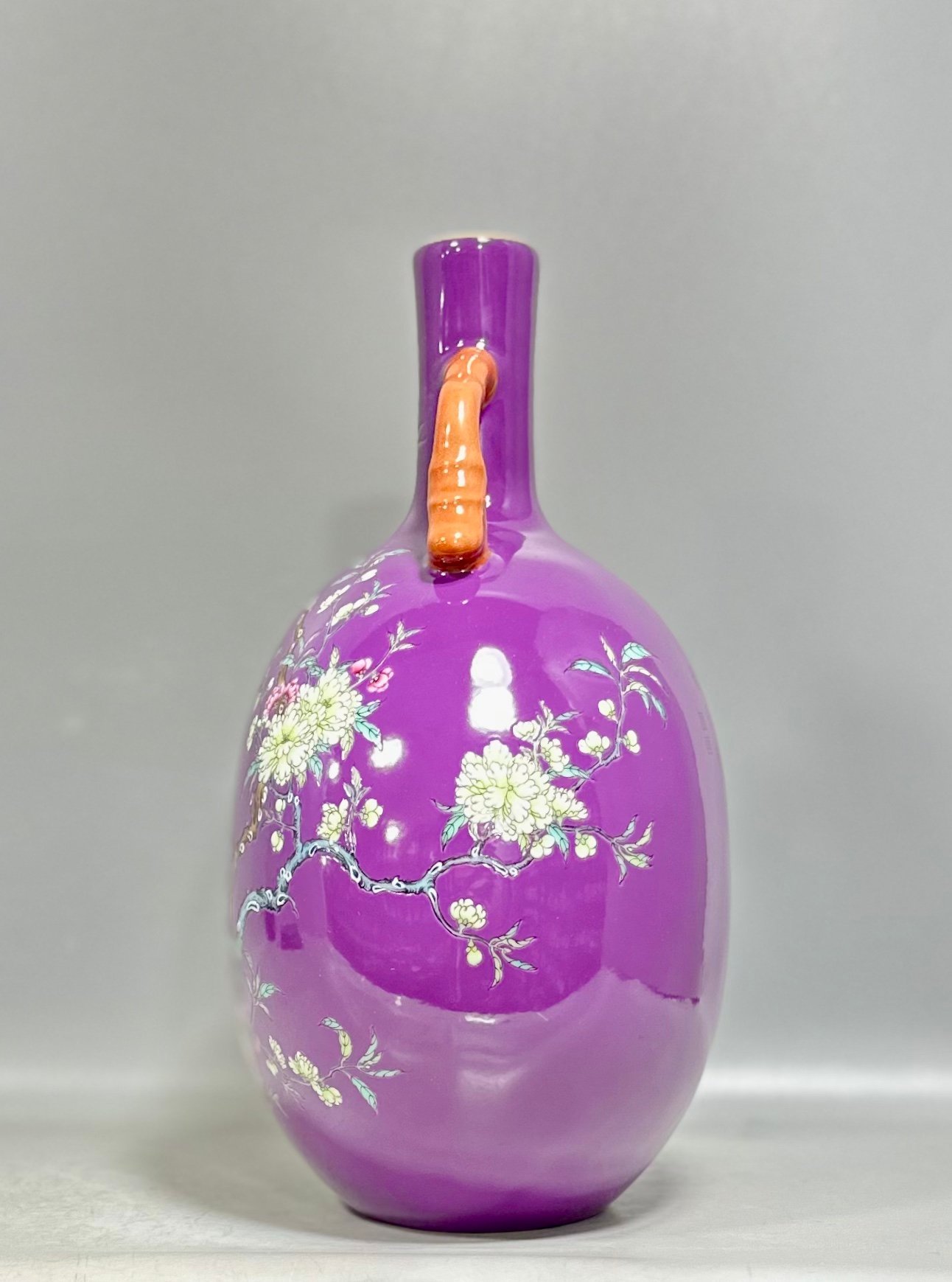 Qing Dynasty Yongzheng Enamel eggplant skin and purple glaze flower and bird poetry double-eared moon vase