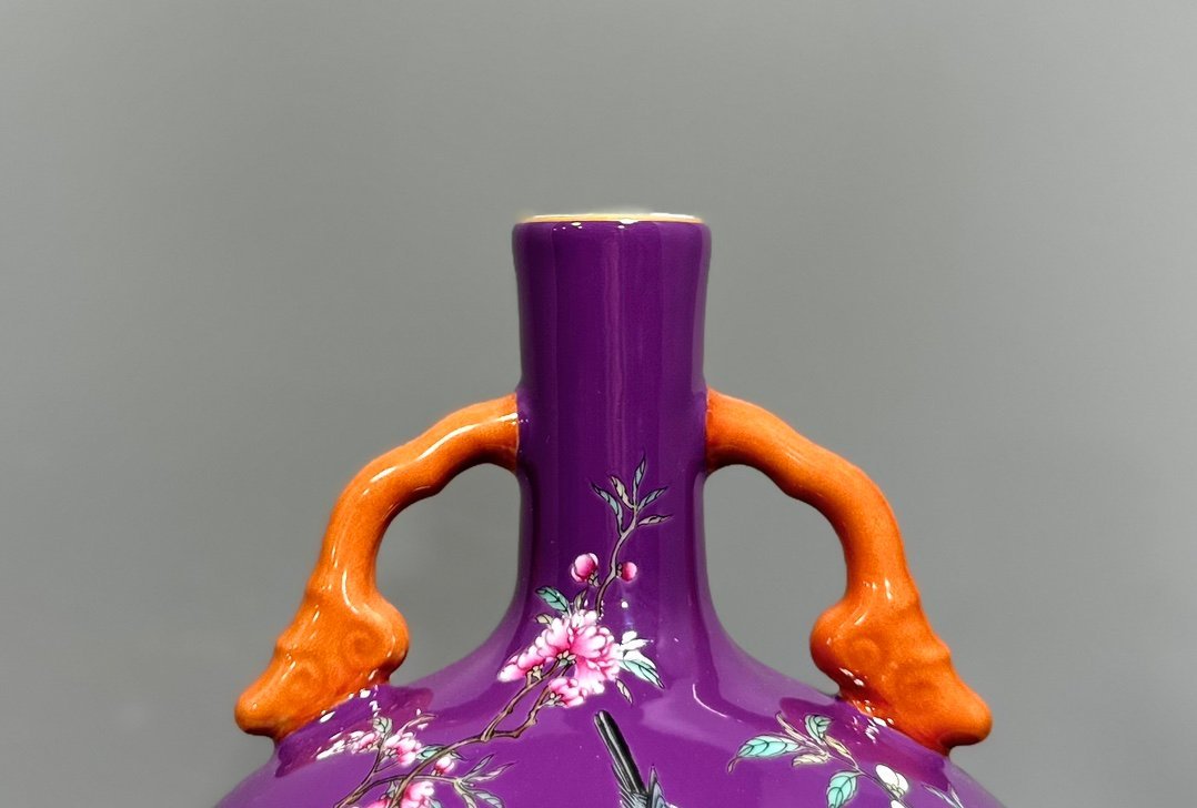 Qing Dynasty Yongzheng Enamel eggplant skin and purple glaze flower and bird poetry double-eared moon vase
