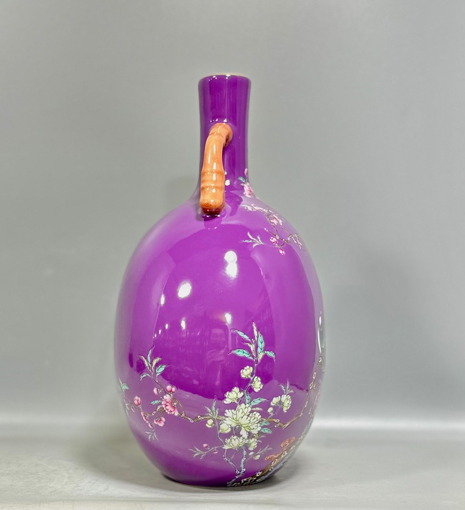 Qing Dynasty Yongzheng Enamel eggplant skin and purple glaze flower and bird poetry double-eared moon vase