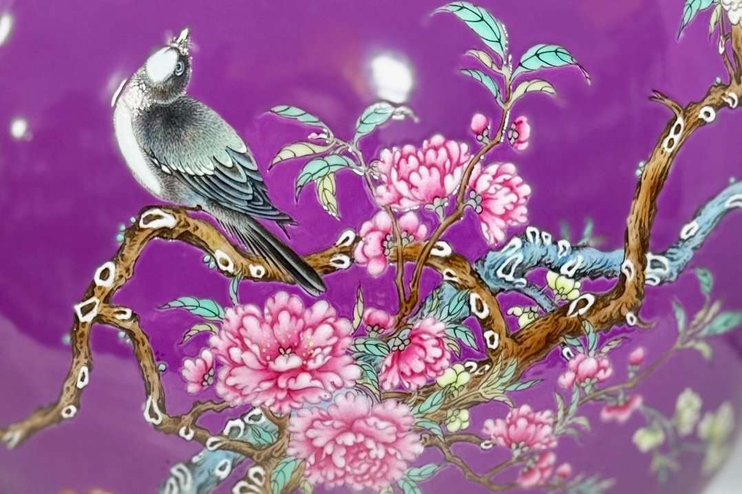 Qing Dynasty Yongzheng Enamel eggplant skin and purple glaze flower and bird poetry double-eared moon vase
