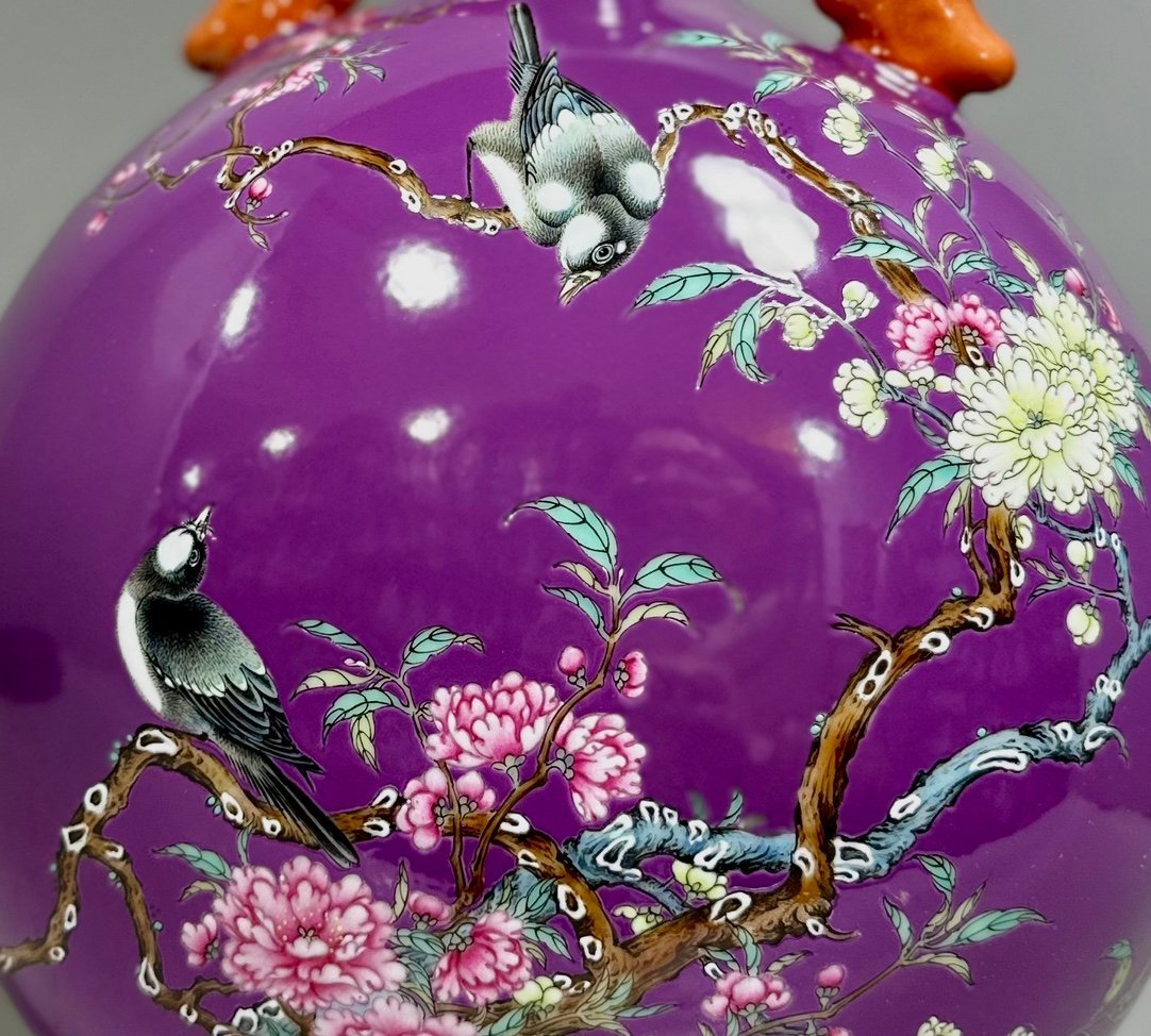 Qing Dynasty Yongzheng Enamel eggplant skin and purple glaze flower and bird poetry double-eared moon vase