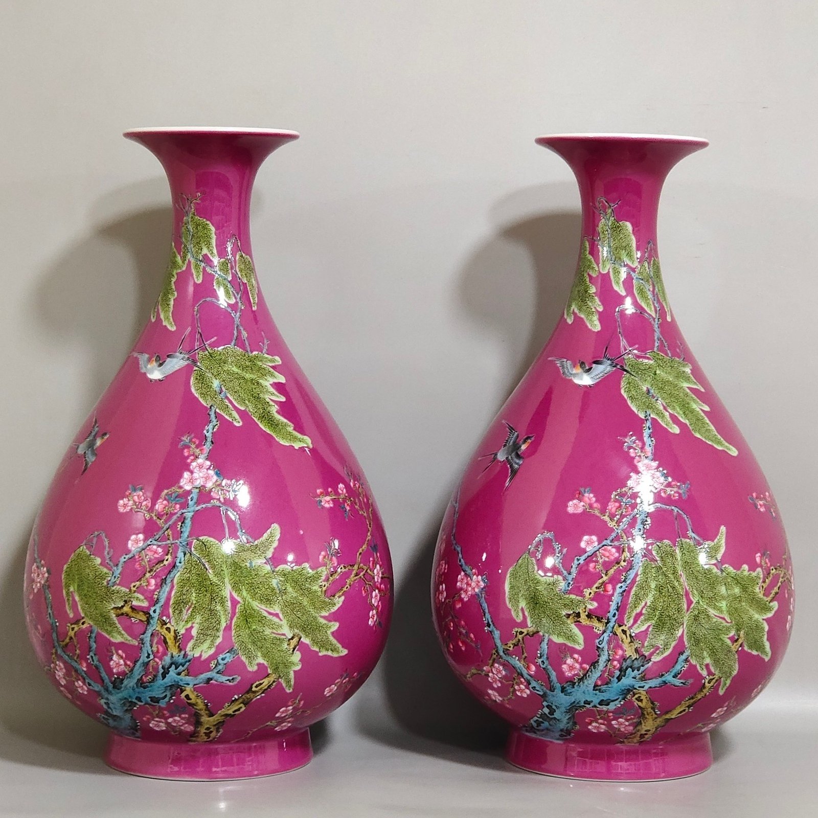Qing Dynasty Yongzheng rouge red apricot forest spring vase with poem and jade pot spring vase