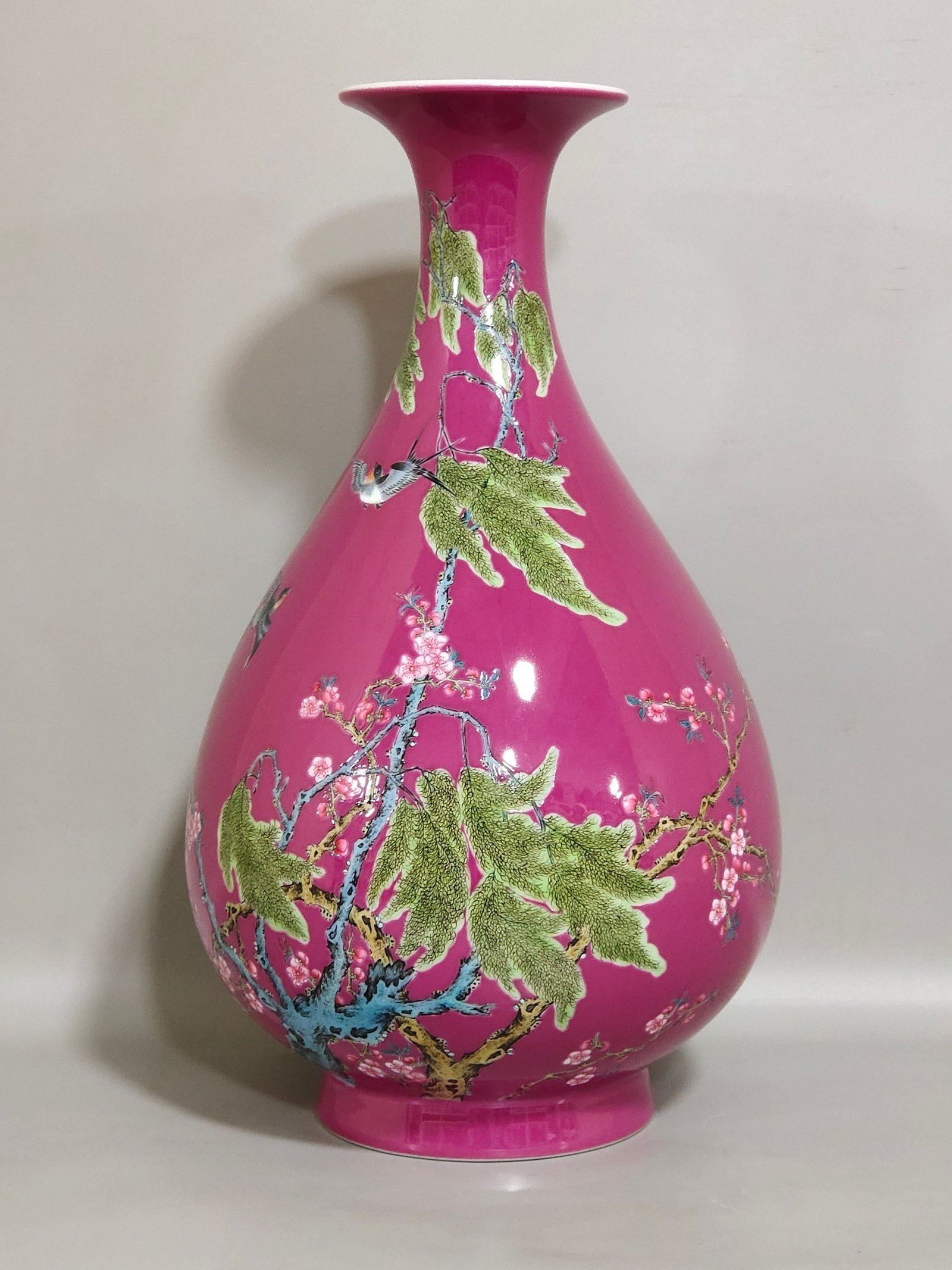Qing Dynasty Yongzheng rouge red apricot forest spring vase with poem and jade pot spring vase