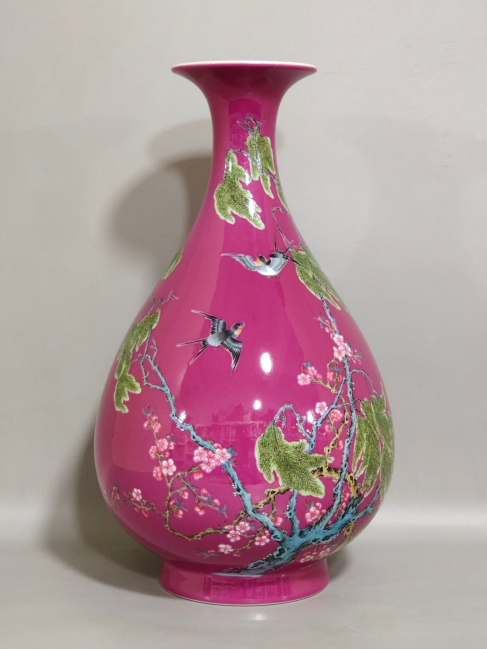 Qing Dynasty Yongzheng rouge red apricot forest spring vase with poem and jade pot spring vase
