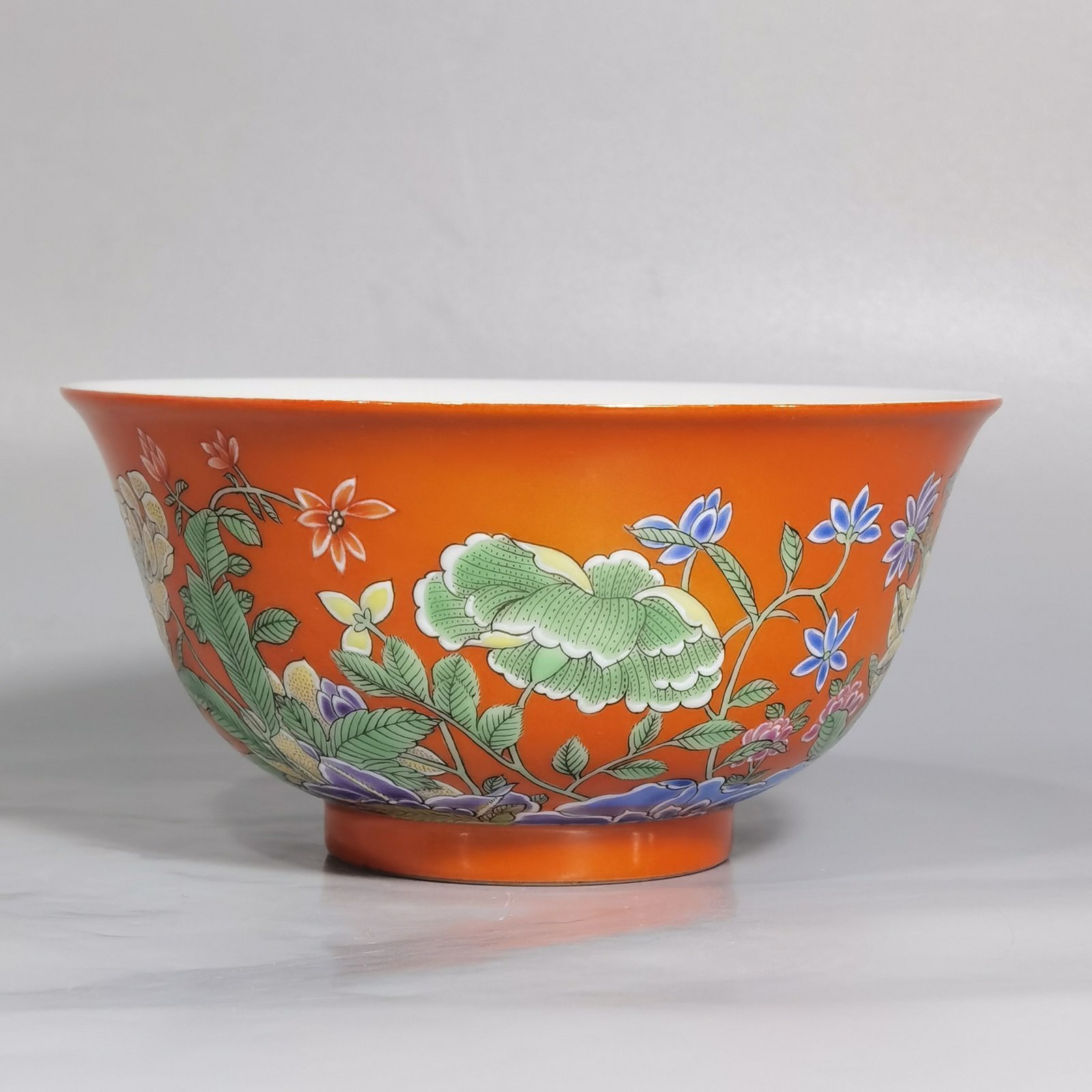 Qing Dynasty Yongzheng pair of enamel colored coral red ground nine-autumn bowls