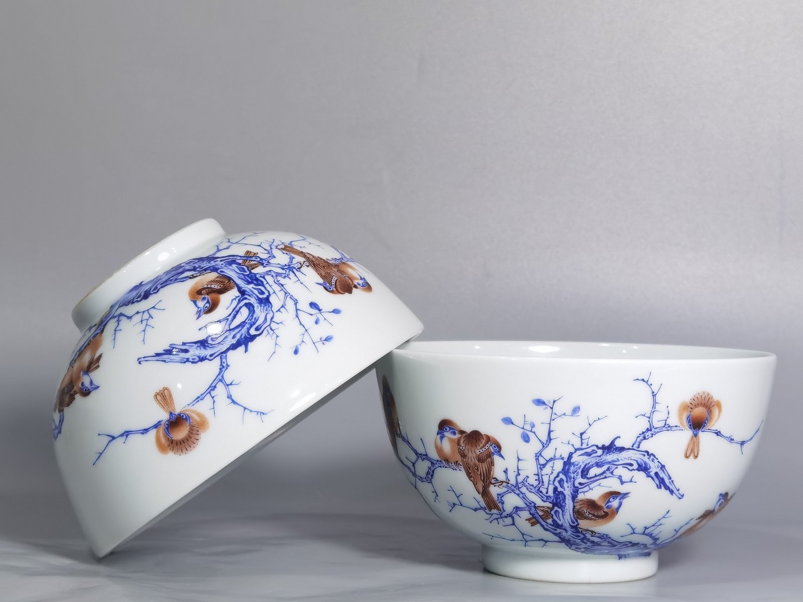 Qing Dynasty Yongzheng pair of enamel bird-patterned bowls