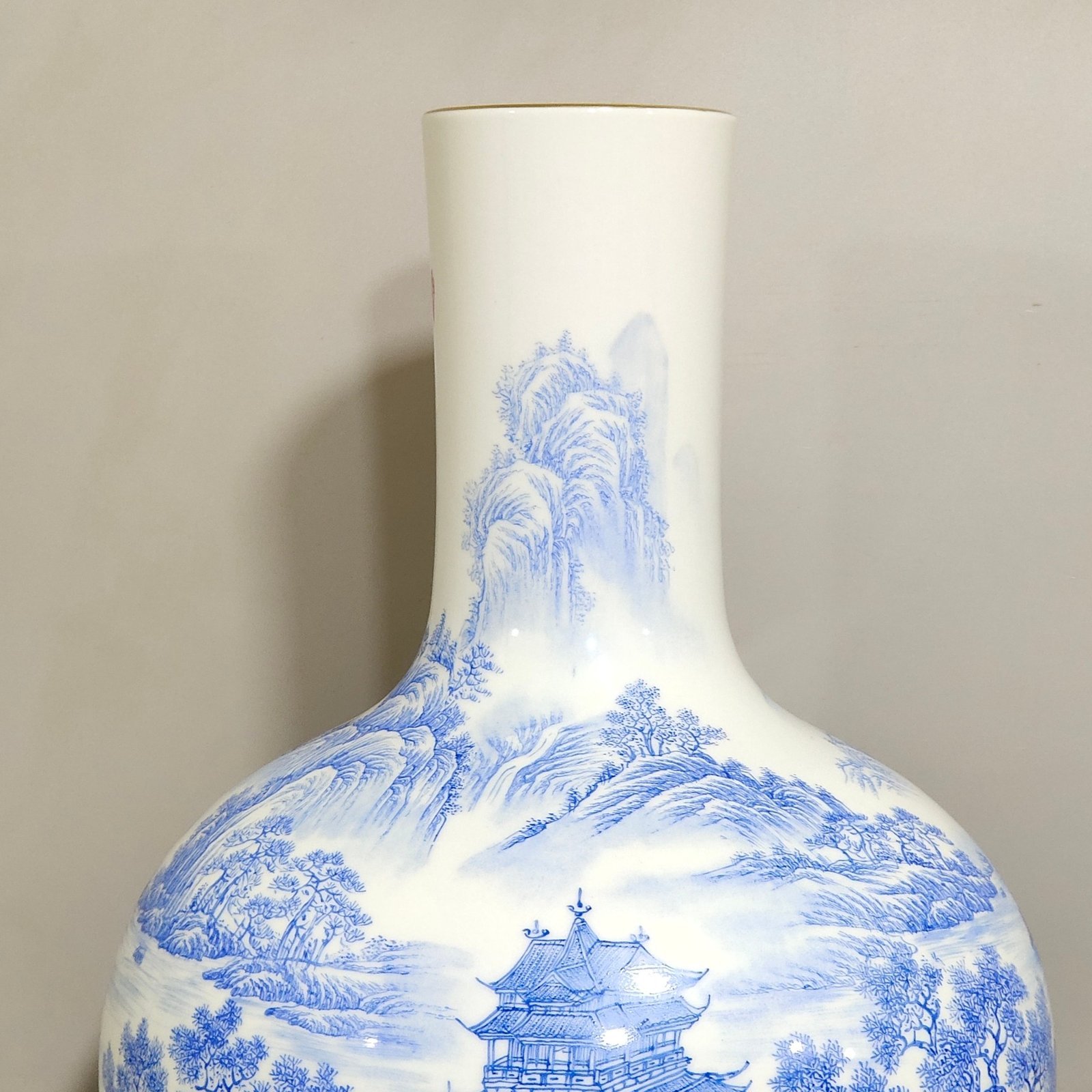 Qing Dynasty Yongzheng blue landscape attic inscribed poem celestial ball vase