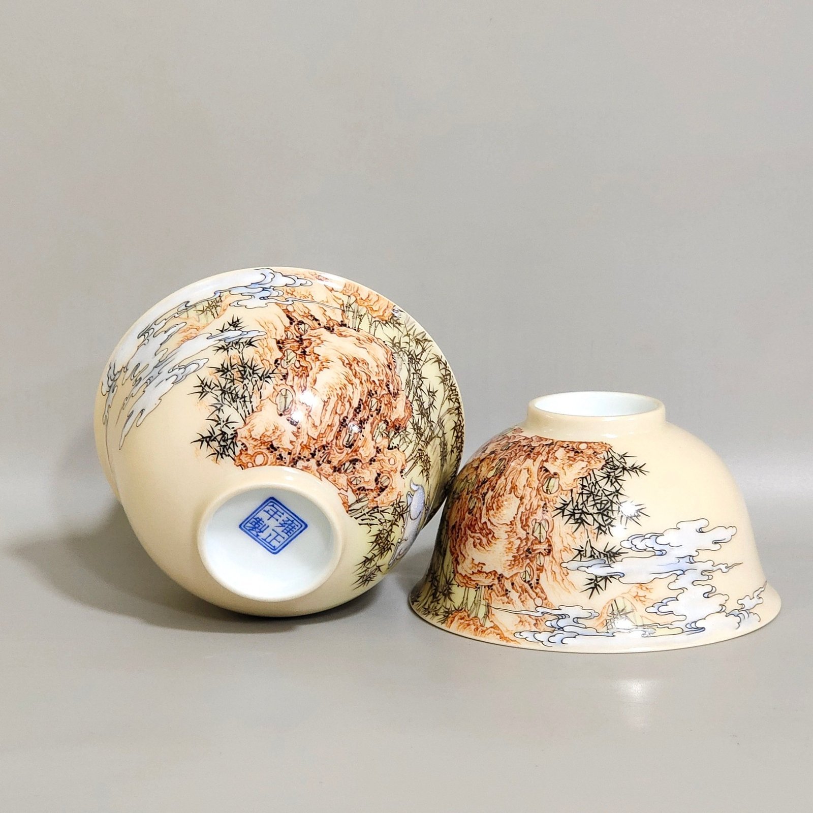 Qing Dynasty Yongzheng ivory white glaze pastel bamboo stone deer pattern poem cup