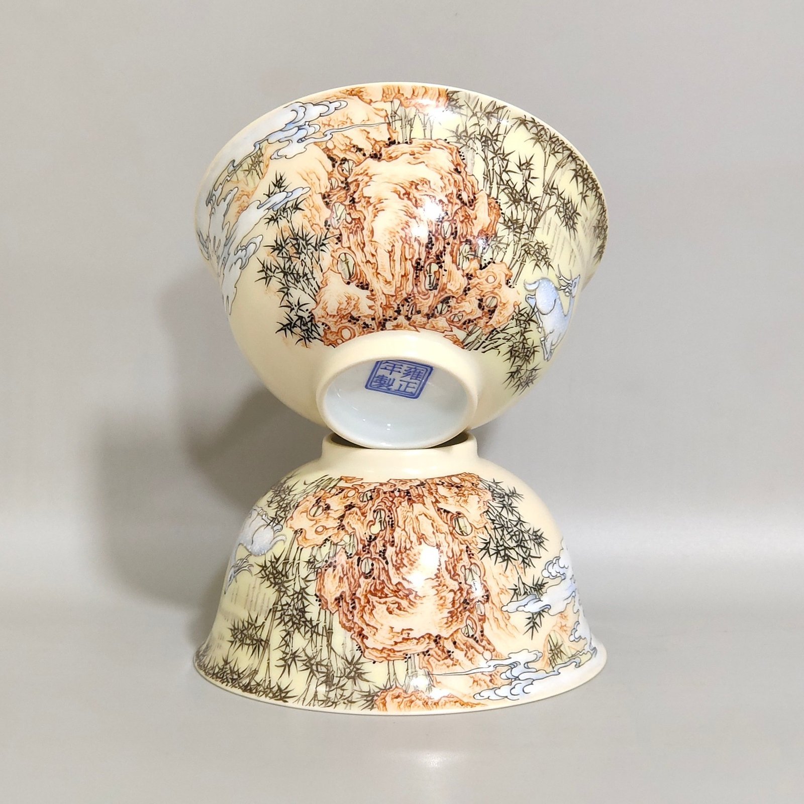 Qing Dynasty Yongzheng ivory white glaze pastel bamboo stone deer pattern poem cup