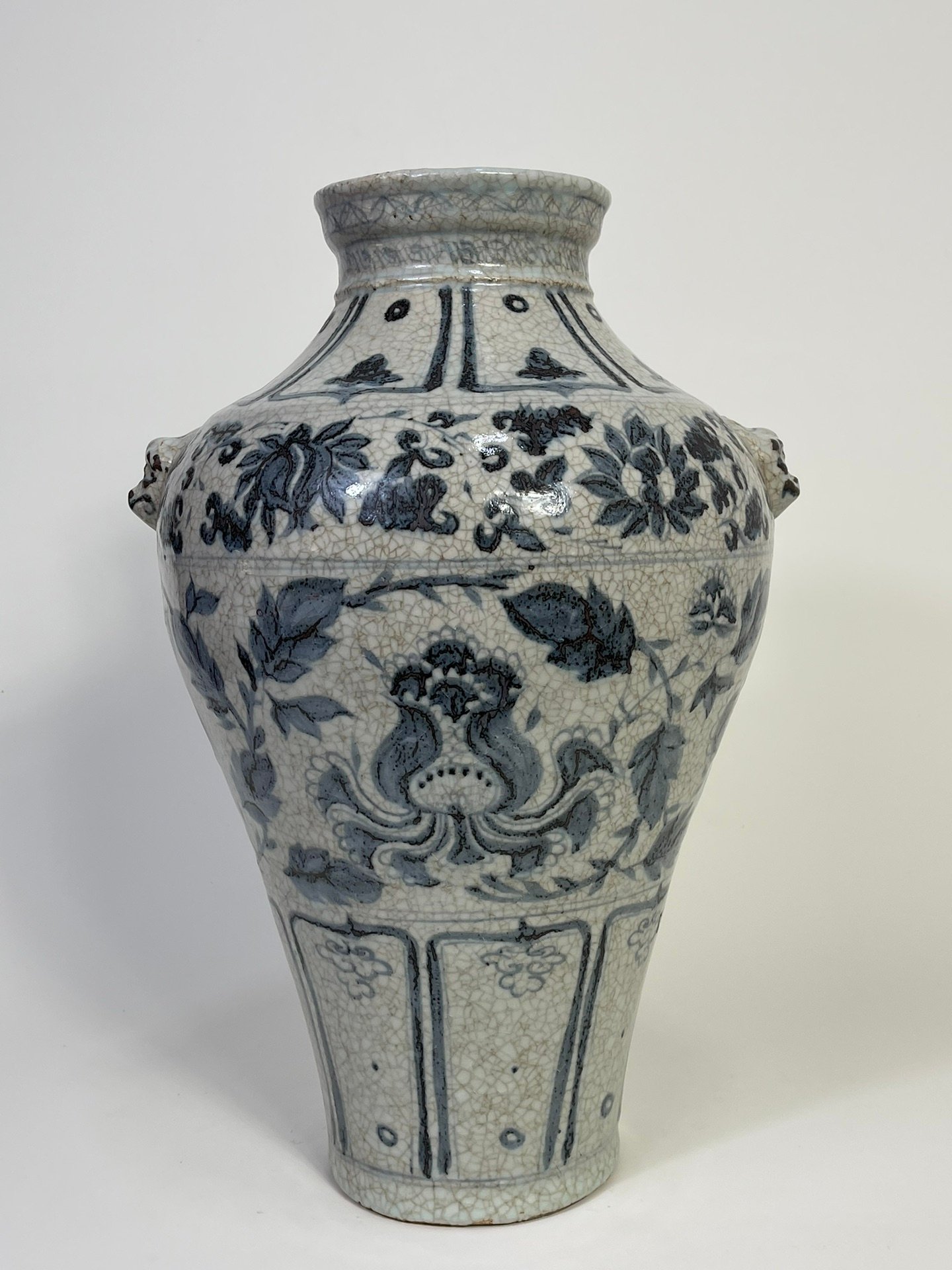 Yuan Dynasty blue and white intertwined peony pattern animal ears disc-mouth vase